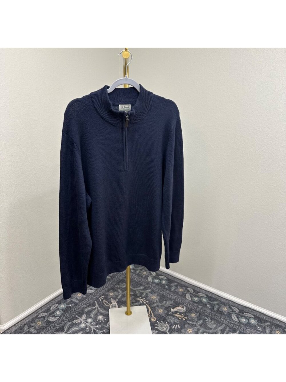LL Bean Blue 100% Merino Wool Quarter Zip Pullover Knit Sweater 285158 Mens XL
